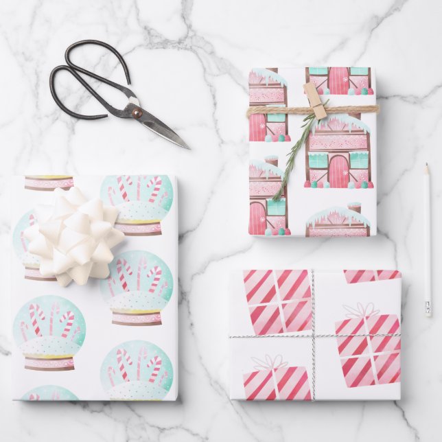 Pink Watercolor Minze Weihnachtswrapping Papier (Vorderseite)
