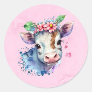 Pink Watercolor Niedlich Cow Floral Girl Babydusch Runder Aufkleber