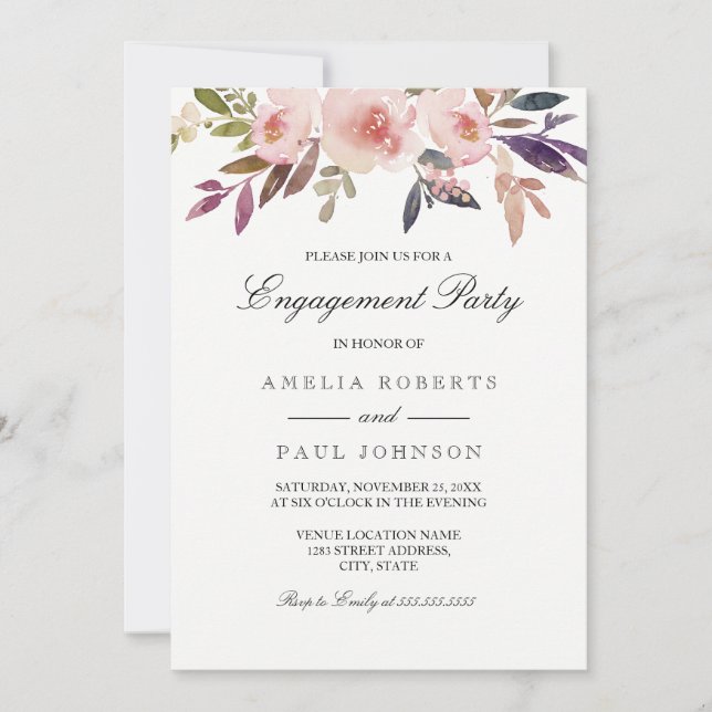 Pink Watercolor Peonies Engagement Party einladen Einladung (Vorderseite)