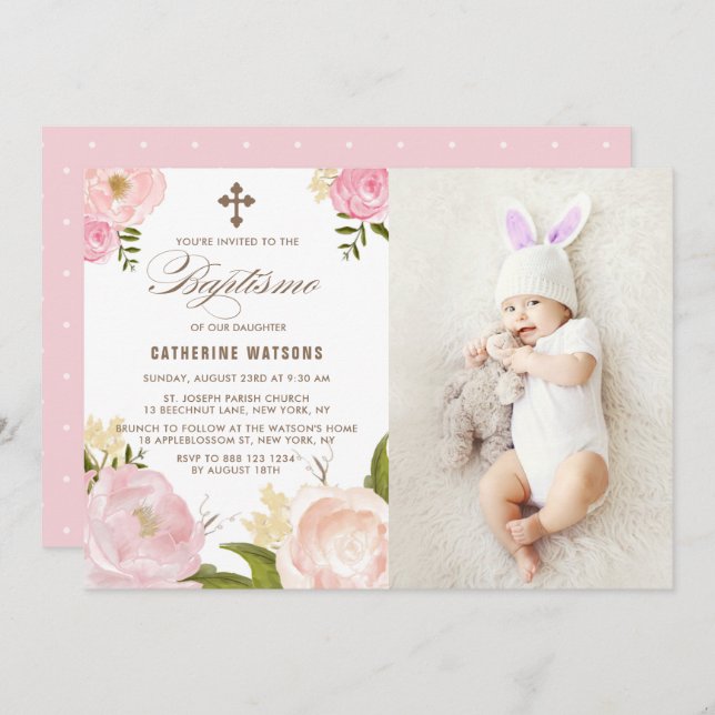 Pink Watercolor Peonies Foto Baptismo Einladung (Vorne/Hinten)