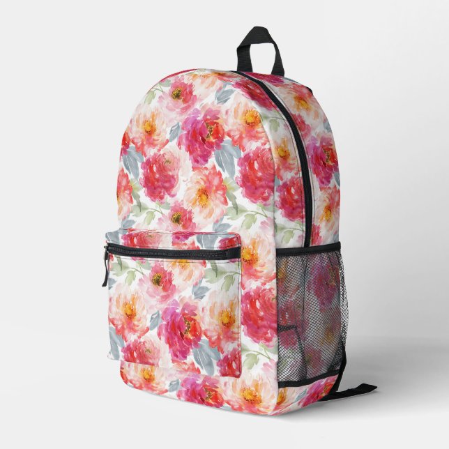 Pink Watercolor Peony Blume Pattern Bedruckter Rucksack (Rückseitige Ecke Rechts)