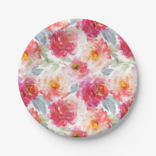 Pink Watercolor Peony Blume Pattern Pappteller