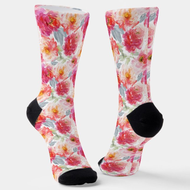 Pink Watercolor Peony Blume Pattern Socken (Gewinkelt)