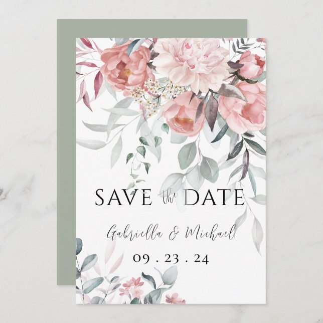 Pink Watercolor Peony Greenerity Wedding Save The Date (Vorne/Hinten)