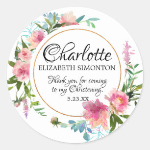 Pink Watercolor Peony Personalisiert Christening Runder Aufkleber