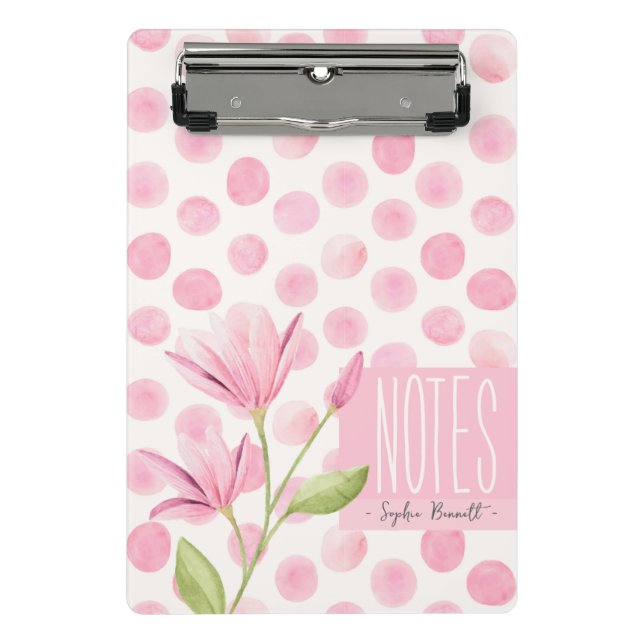 Pink Watercolor Polka Dots & Flowers Mini Klemmbrett (Vorderseite)
