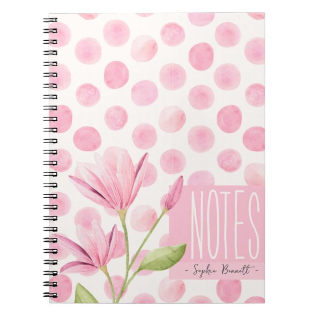 Pink Watercolor Polka Dots & Flowers Notizblock (Vorderseite)