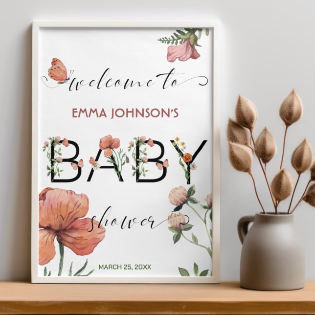 Pink Watercolor Poppies Baby Dusche Willkommen Poster (Von Creator hochgeladen)