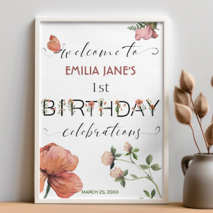 Pink Watercolor Poppies Geburtstagsparty Willkomme Poster