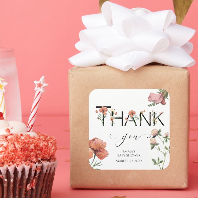 Pink Watercolor Poppies Vielen Dank Quadratischer Aufkleber (Party)