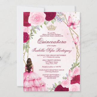 Pink Watercolor Princess Brown Hair Quinceanera Einladung