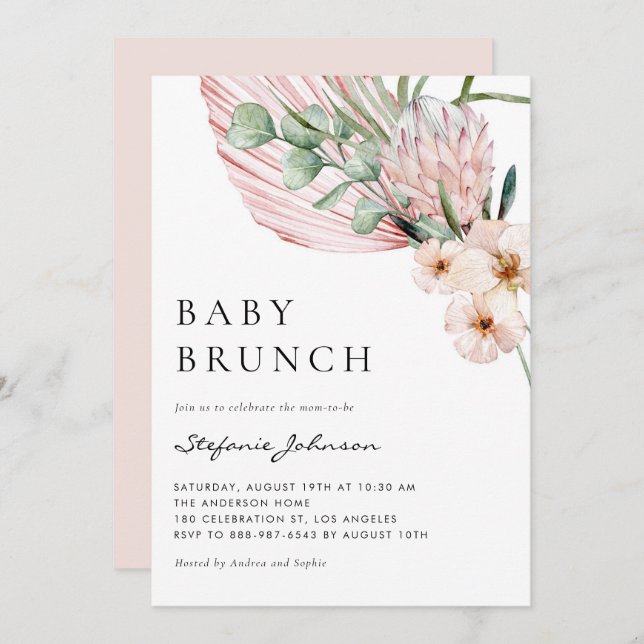 Pink Watercolor Protea Tropical Baby Brunch Einladung (Vorne/Hinten)