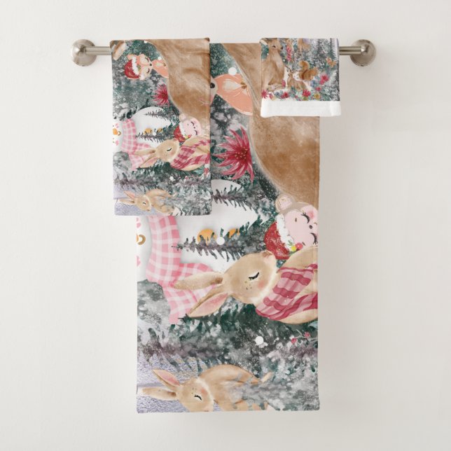 Pink Watercolor Rentier, Snowman Frohe Weihnachten Badhandtuch Set (Insitu)