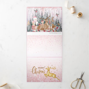 Pink Watercolor Rentier, Snowman Frohe Weihnachten Dreifach Gefaltete Urlaubskarte