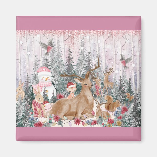Pink Watercolor Rentier, Snowman Frohe Weihnachten Magnet (Vorne)