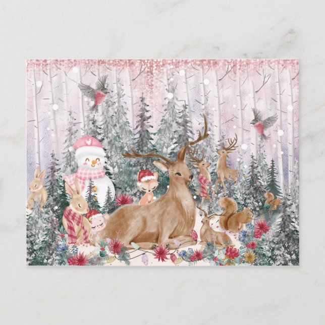 Pink Watercolor Rentier, Snowman Frohe Weihnachten Postkarte (Vorderseite)