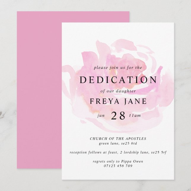 Pink Watercolor Rose Baby Dedication Einladung (Vorne/Hinten)