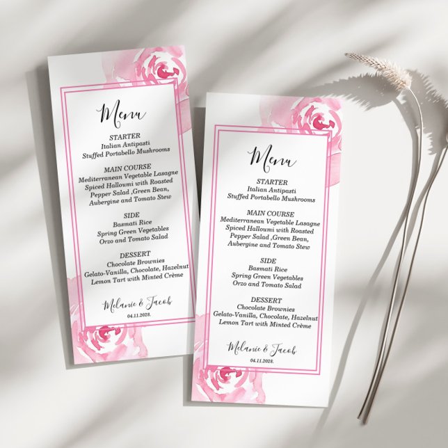 Pink Watercolor Rose Flat Menu Card Menükarte (Von Creator hochgeladen)