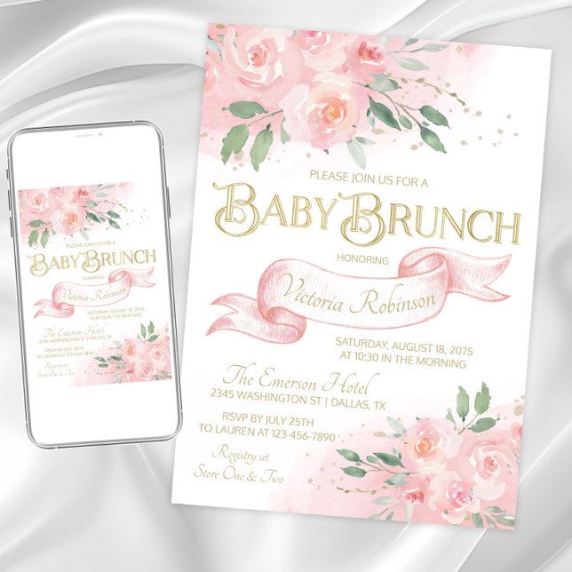 Pink Watercolor Rose Girl Babydusche Brunch Einladung (Pretty blush pink baby brunch invitation. Instant download and printed invitations available.)