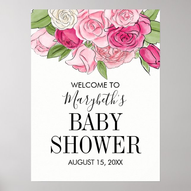 Pink Watercolor Rose Kinderdusche Begrüßungspaket Poster (Vorne)