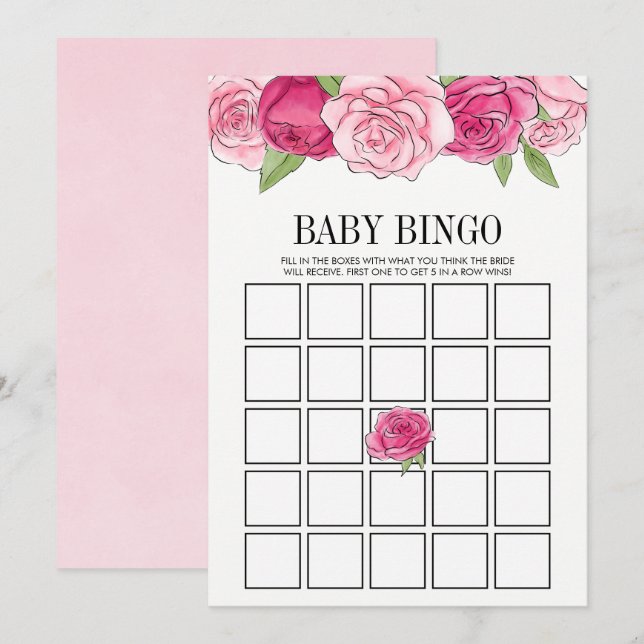Pink Watercolor Rose Kinderdusche Bingo Spielkarte Einladung (Vorne/Hinten)