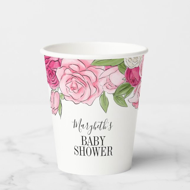 Pink Watercolor Rose Kinderdusche Pappbecher (Vorderseite)