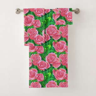 Pink Watercolor Rose Muster Badhandtuch Set
