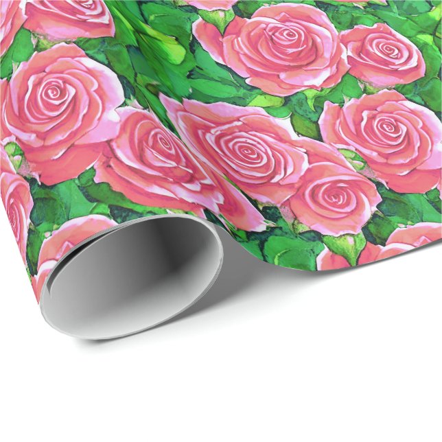 Pink Watercolor Rose Muster Geschenkpapier (Rolleneckpunkt)