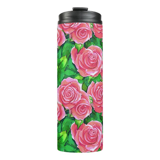 Pink Watercolor Rose Muster Thermosbecher (Vorderseite)
