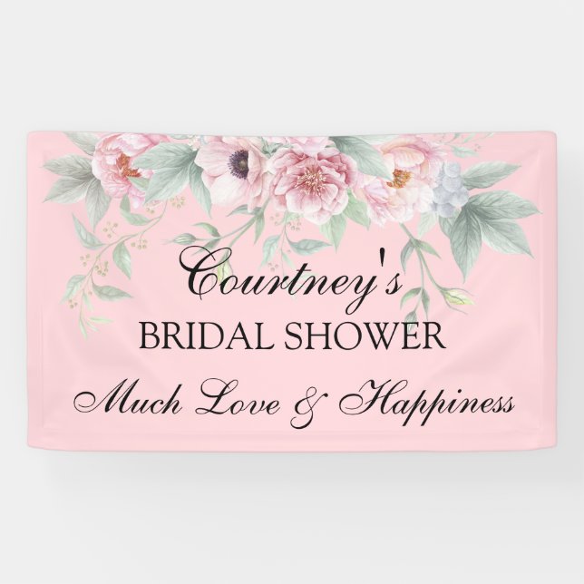 Pink Watercolor Rose Peonies Poppies Banner (Horizontal)