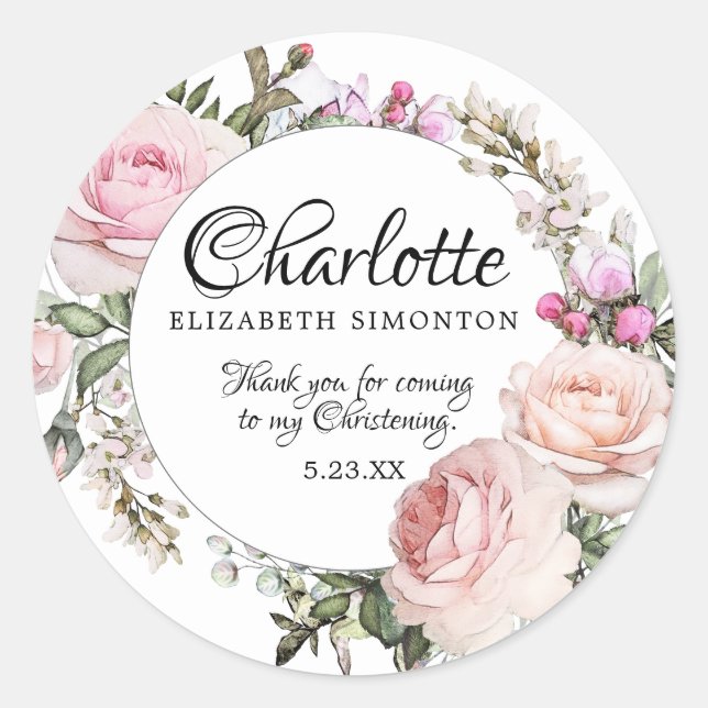 Pink Watercolor Rose Personalisiert Christening Runder Aufkleber (Vorderseite)