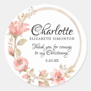 Pink Watercolor Rose Personalisiert Christening Runder Aufkleber