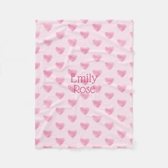 Pink Watercolor Scribble Hearts, Personalisiert Fleecedecke (Vorderseite)
