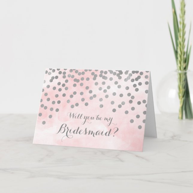Pink Watercolor Silver Confetti Bridesmaid Einladu Einladung (Vorderseite)