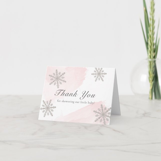 Pink Watercolor Silver Snowflakes Babydusche Dankeskarte (Vorderseite)