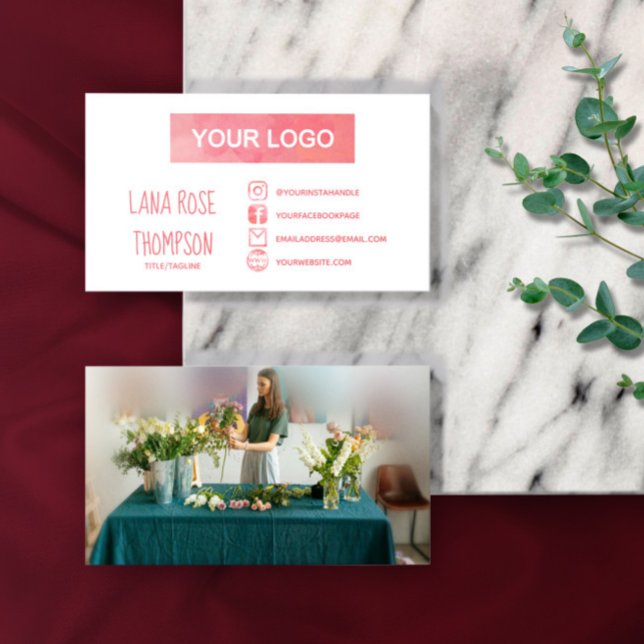 Pink Watercolor Social Media Logo & Foto Visitenkarte (Von Creator hochgeladen)