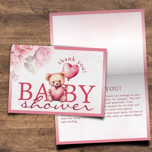 Pink Watercolor Teddy Bear Baby Shower Folding Dankeskarte (Von Creator hochgeladen)