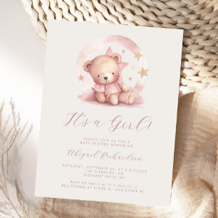 Pink Watercolor Teddy Bear Girl Babydusche Postkarte