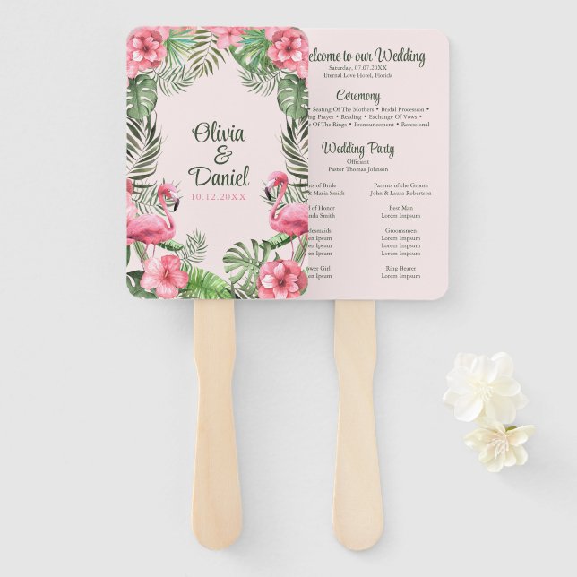 Pink Watercolor Tropical Flamingo Wedding Programm Fächer (Vorne und Hinten)