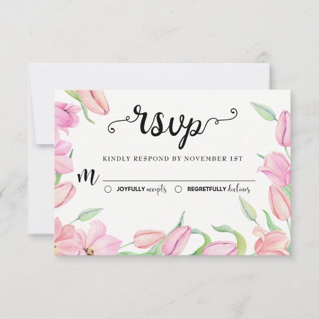 Pink Watercolor Tulips Hochzeit RSVP Karte (Vorderseite)