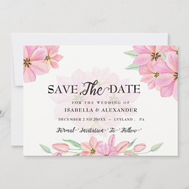 Pink Watercolor Tulips Save the Date Einladung (Vorderseite)