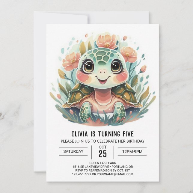 Pink Watercolor Turtle Girl Birthday Einladung (Vorderseite)