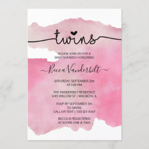 Pink Watercolor Twins Babydusche Einladung