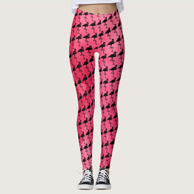 Pink Watercolor und Black Flamingo Leggings (Vorderseite)