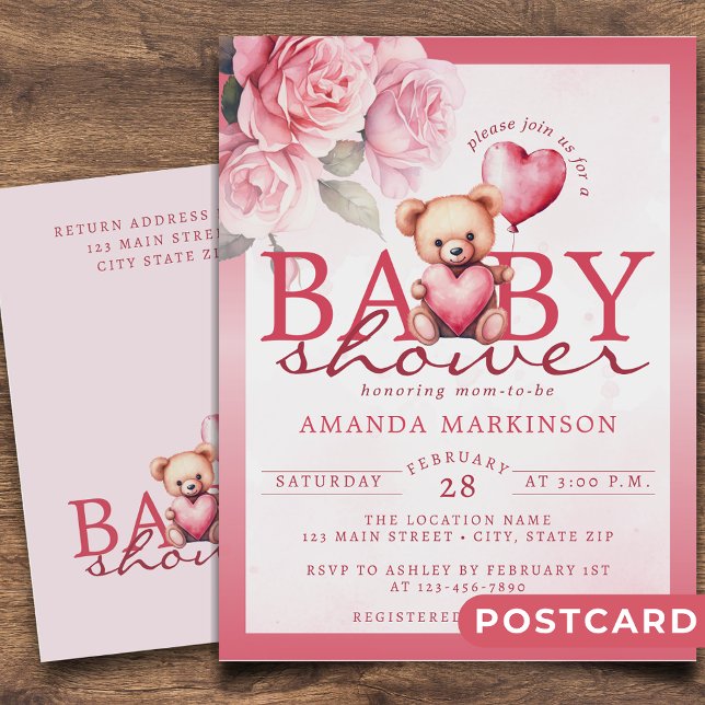 Pink Watercolor Valentine Teddy Bear Baby Shower Postkarte (Von Creator hochgeladen)