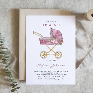 Pink Watercolor Vintag Stroller Baby Sippe und seh Einladung