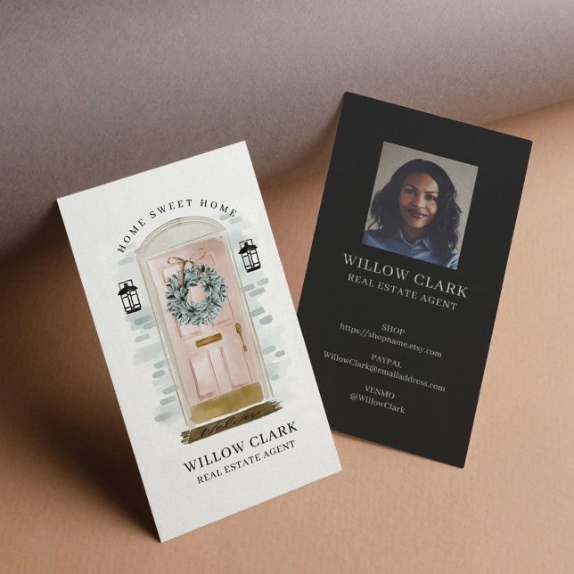 Pink Watercolor Vordertür Wreath Real Anwesen Visitenkarte (Von Creator hochgeladen)