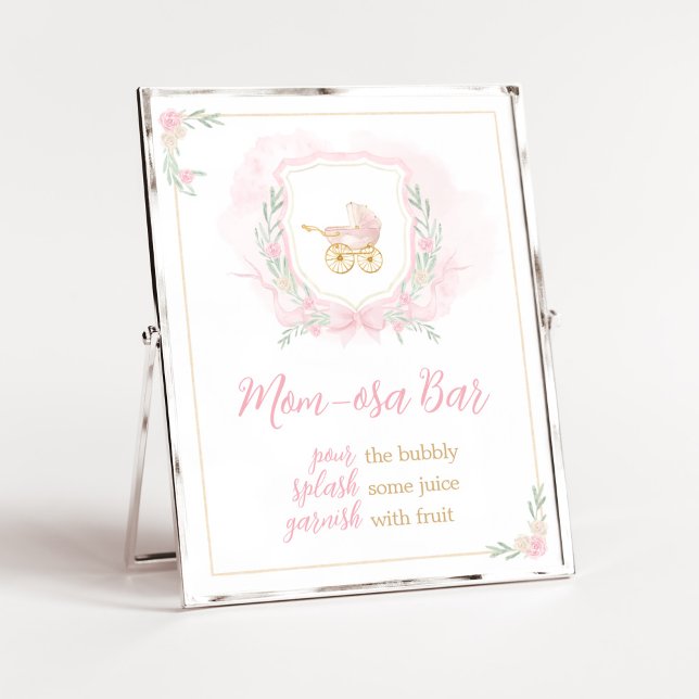Pink Watercolor Wappen Baby Dusche Mama Osa Bar Poster (Blue Floral Pampas Grass Elephant Baby Shower Mom Osa Bar Sign)