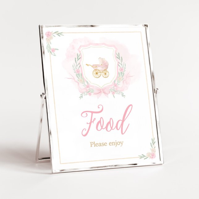 Pink Watercolor Wappen Babydusche Nahrung Poster (Pink Gold Carriage Crest Baby Shower Food Sign)