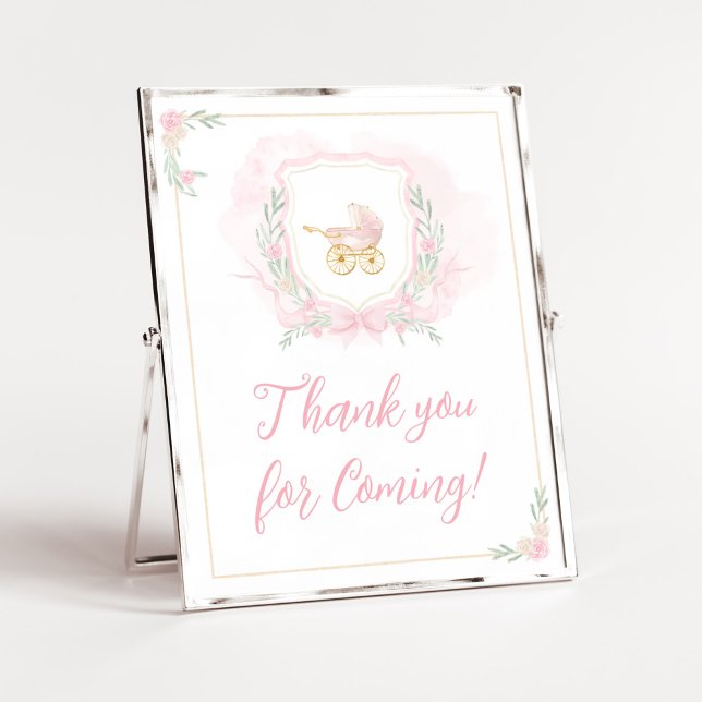 Pink Watercolor Wappen Vielen Dank für Ihr Kommen Poster (Pink Gold Carriage Crest Baby Shower Thank you for Coming Sign)